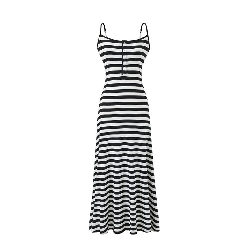Spaghetti Strap Henley Striped Maxi A-Line Dress
