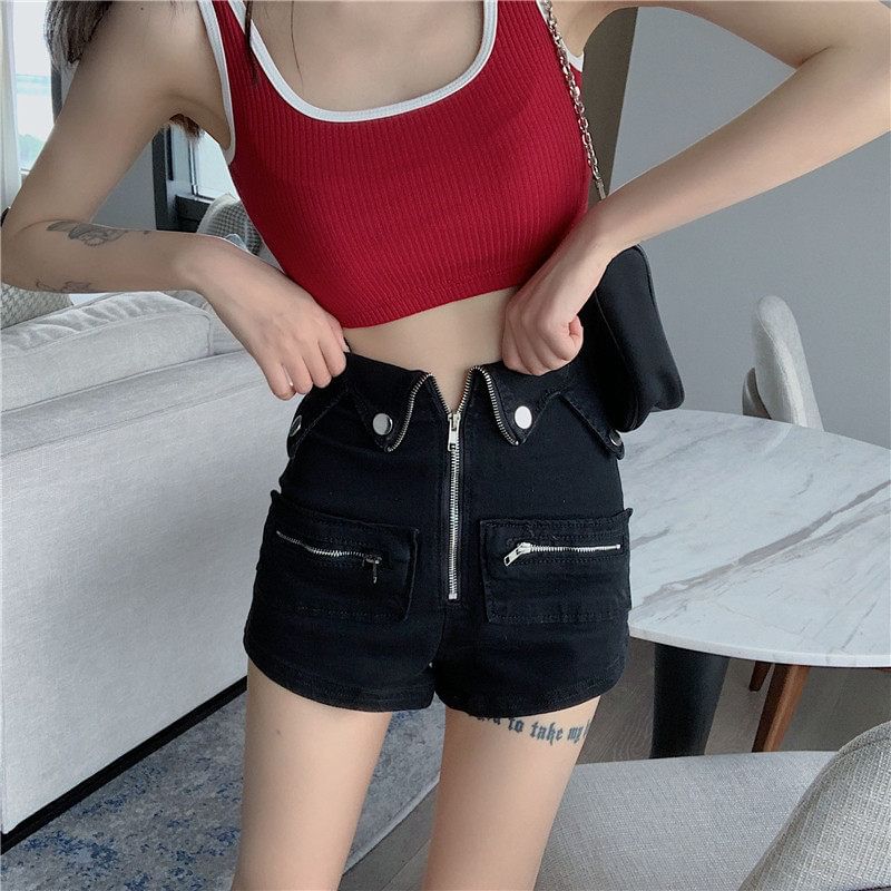 High Waist Plain Zip Denim Shorts