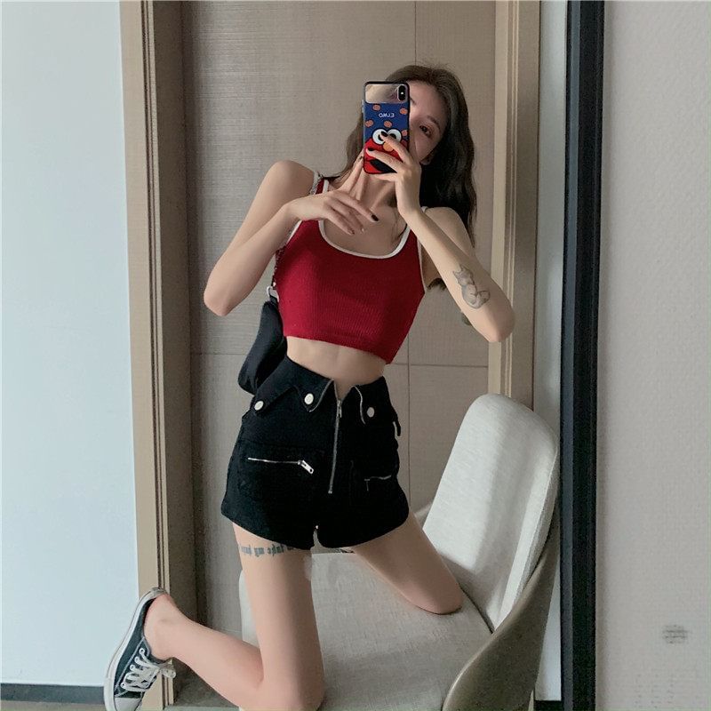 High Waist Plain Zip Denim Shorts