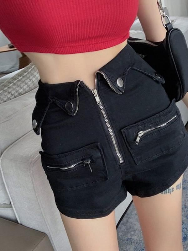 High Waist Plain Zip Denim Shorts
