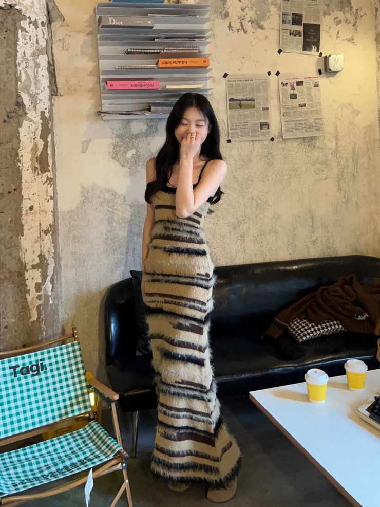 Spaghetti Strap Striped Knit Maxi Sheath Dress