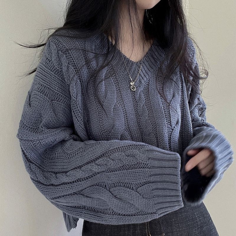 V-Neck Cable-Knit Cropped Jumper Sweater