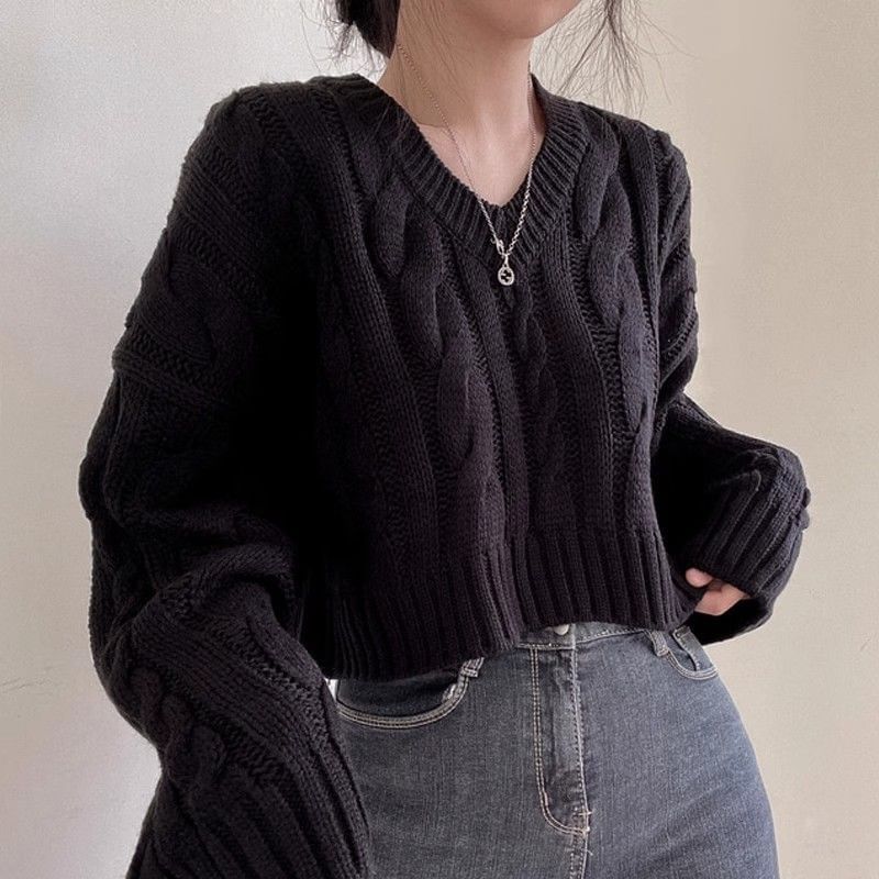 V-Neck Cable-Knit Cropped Jumper Sweater