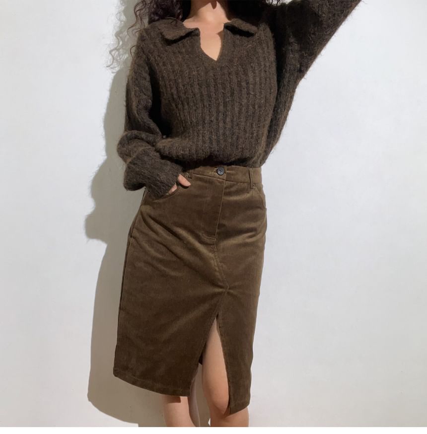 Long-Sleeve Ribbed Knit Polo Shirt