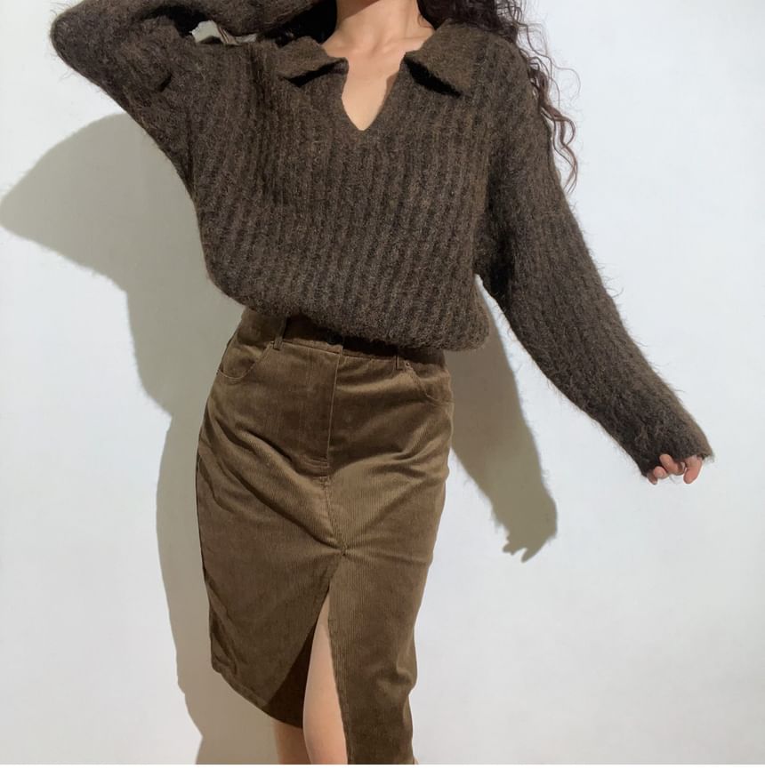 Long-Sleeve Ribbed Knit Polo Shirt