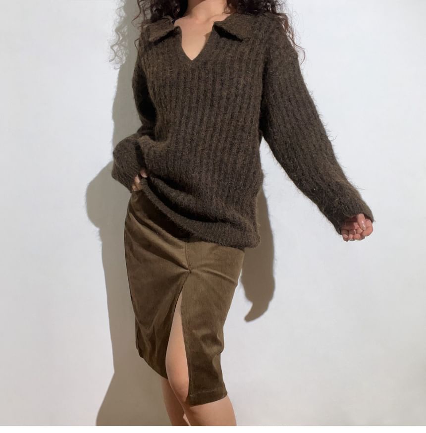 Long-Sleeve Ribbed Knit Polo Shirt
