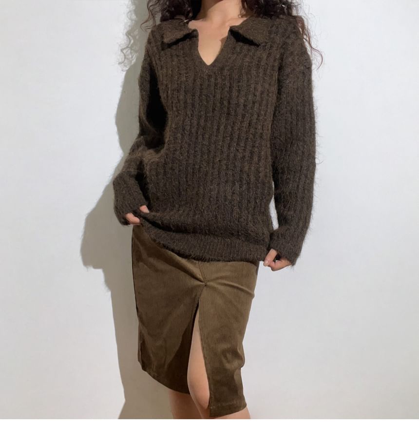 Long-Sleeve Ribbed Knit Polo Shirt