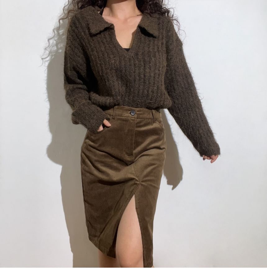 Long-Sleeve Ribbed Knit Polo Shirt