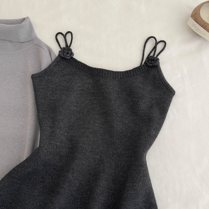 Long-Sleeve Mock Neck Plain T-Shirt / Spaghetti Strap Plain Mini A-Line Dress
