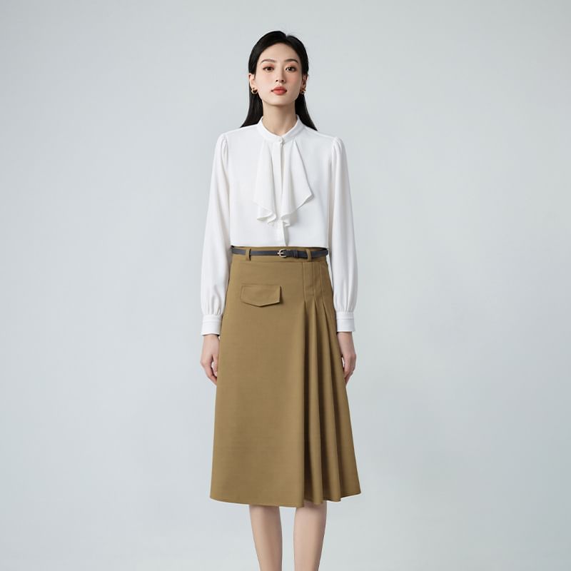 Ruffle Blouse & Midi A-Line Skirt Set