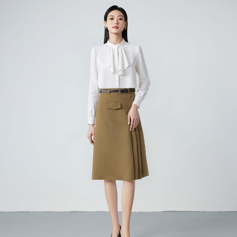 Ruffle Blouse & Midi A-Line Skirt Set