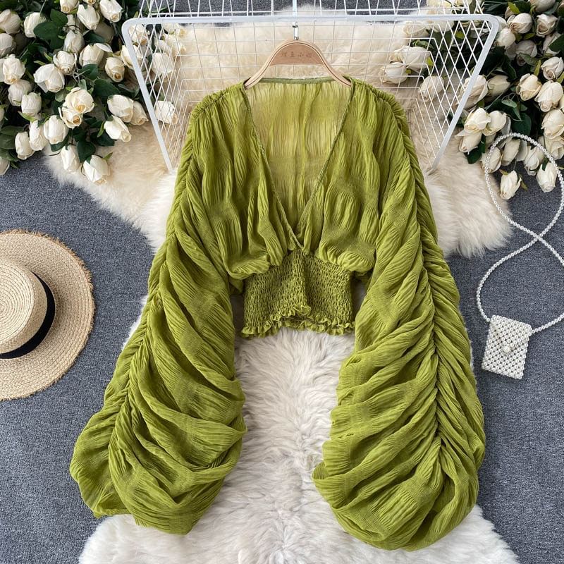 Ruch Waist V-Neck Balloon Sleeve Top