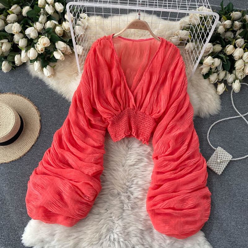 Ruch Waist V-Neck Balloon Sleeve Top