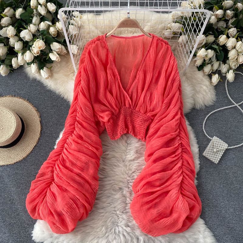 Ruch Waist V-Neck Balloon Sleeve Top