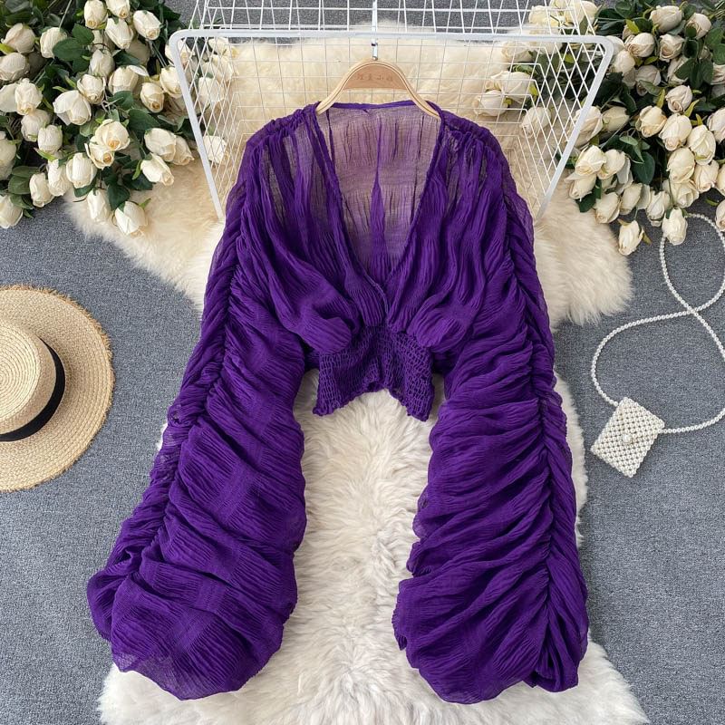 Ruch Waist V-Neck Balloon Sleeve Top