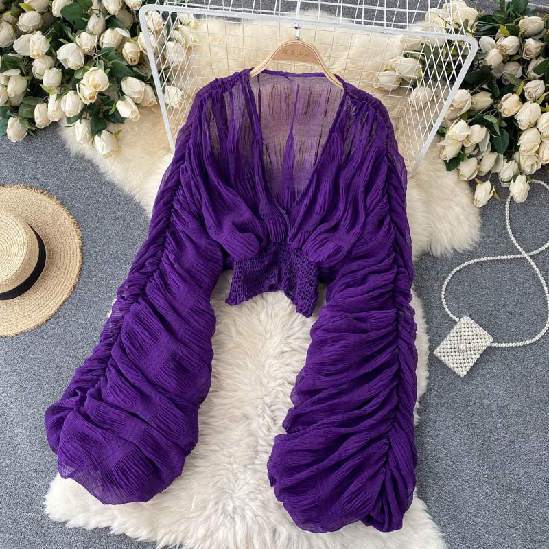 Ruch Waist V-Neck Balloon Sleeve Top
