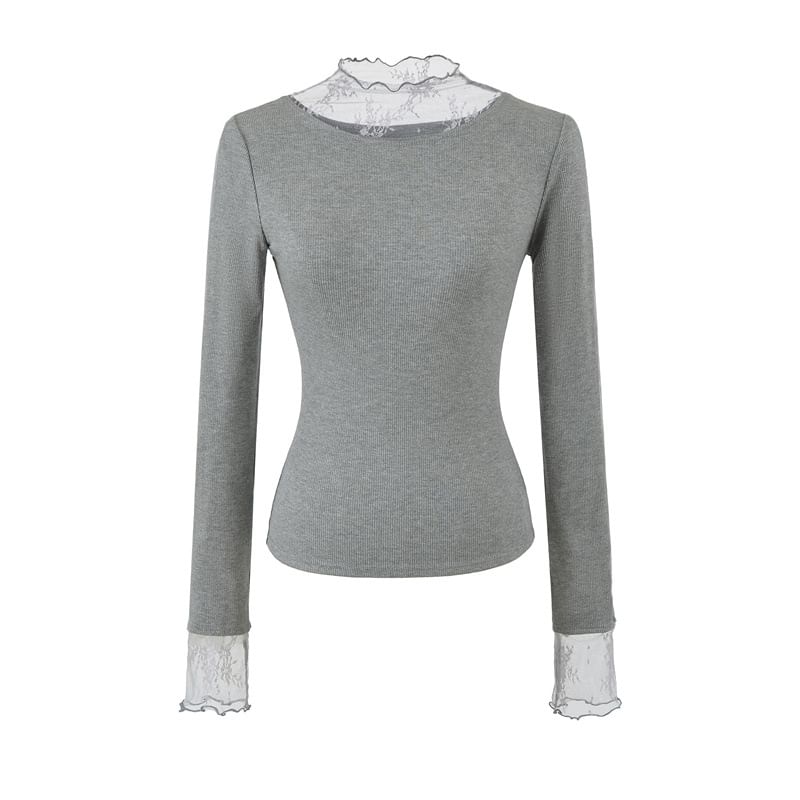 Mock Neck Lace Insert Long Sleeve Fitted Tee