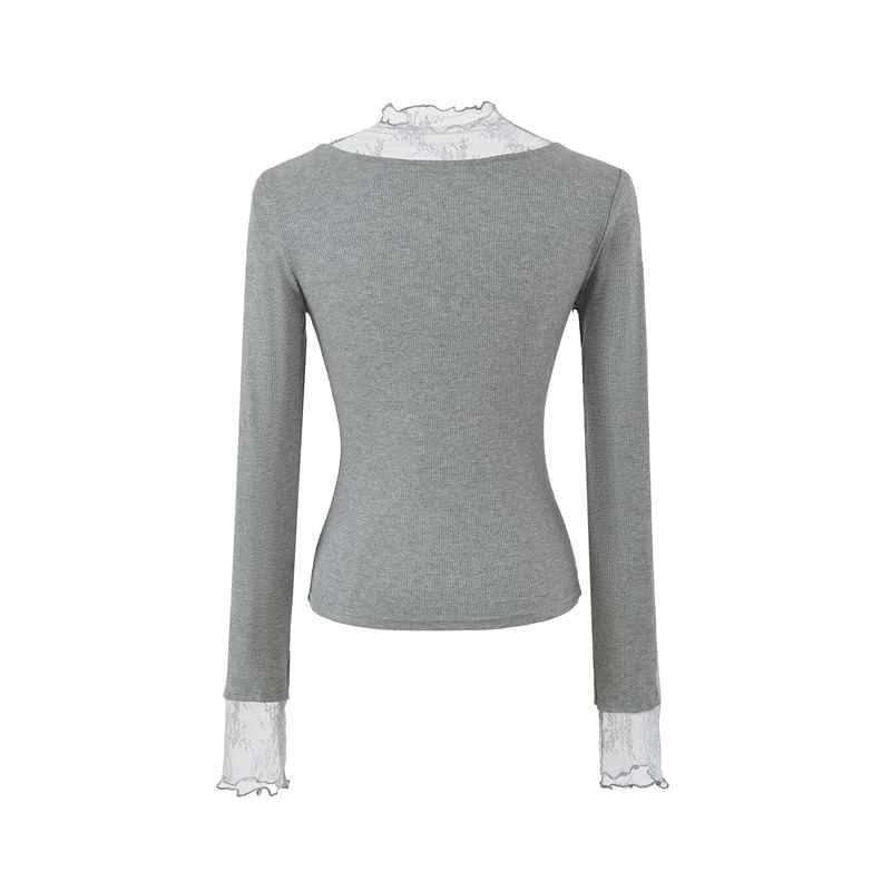 Mock Neck Lace Insert Long Sleeve Fitted Tee