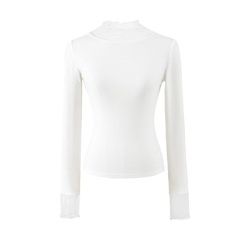 Mock Neck Lace Insert Long Sleeve Fitted Tee