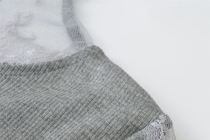 Mock Neck Lace Insert Long Sleeve Fitted Tee