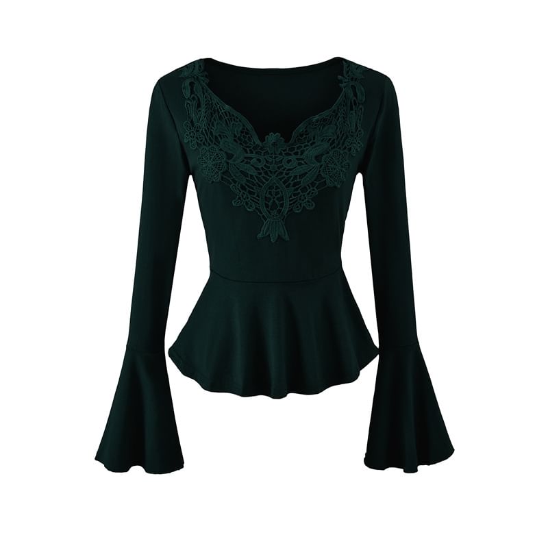 Lace Panel Peplum V-Neck Tee
