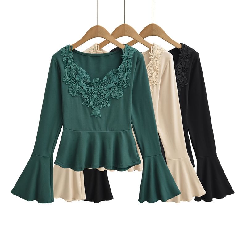 Lace Panel Peplum V-Neck Tee