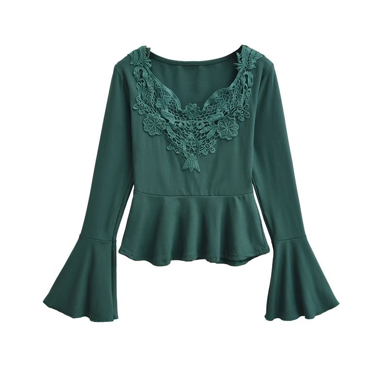Lace Panel Peplum V-Neck Tee