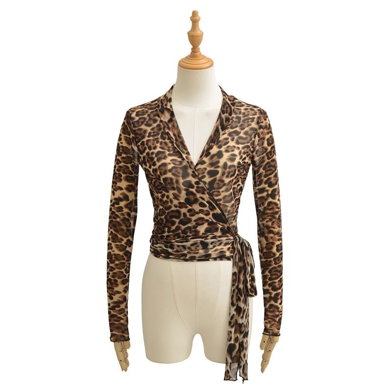 Leopard Wrap V-Neck Crop Top