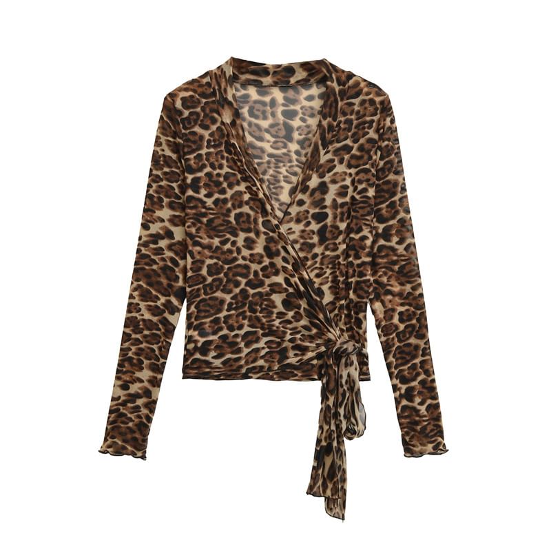 Leopard Wrap V-Neck Crop Top