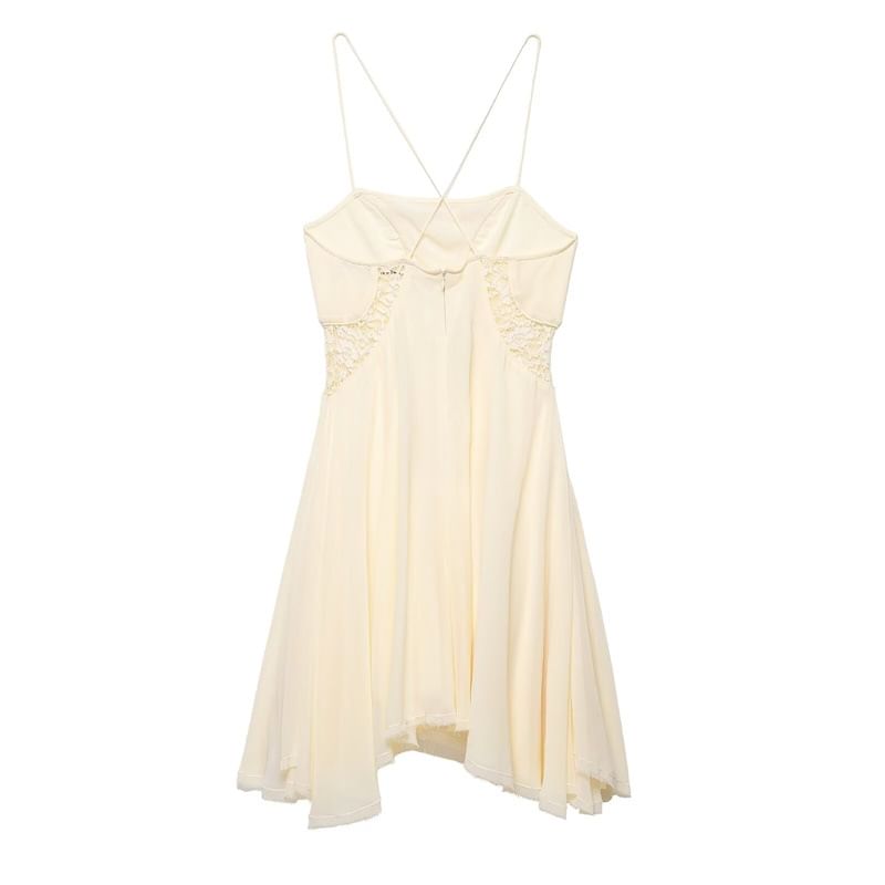 [S] Spaghetti Strap Lace Panel Open Back Mini A-Line Dress