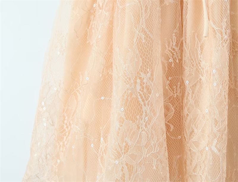 Spaghetti Strap V-Neck Sequin Lace-Up Lace Mini A-Line Dress