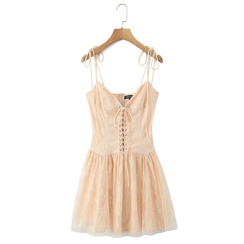 Spaghetti Strap V-Neck Sequin Lace-Up Lace Mini A-Line Dress