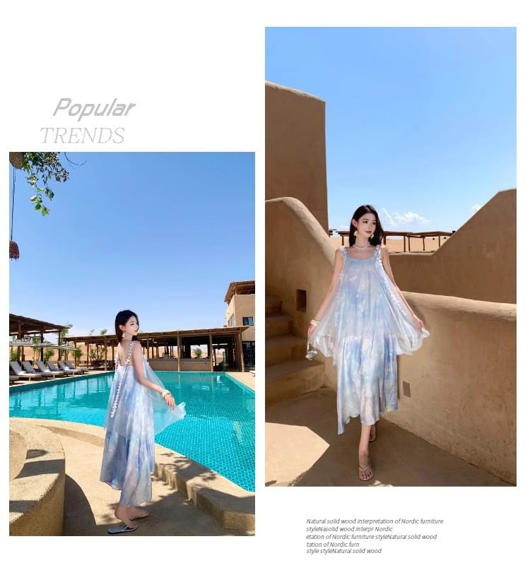Spaghetti Strap Tie Dye Mesh Panel Open Back Midi Smock Dress