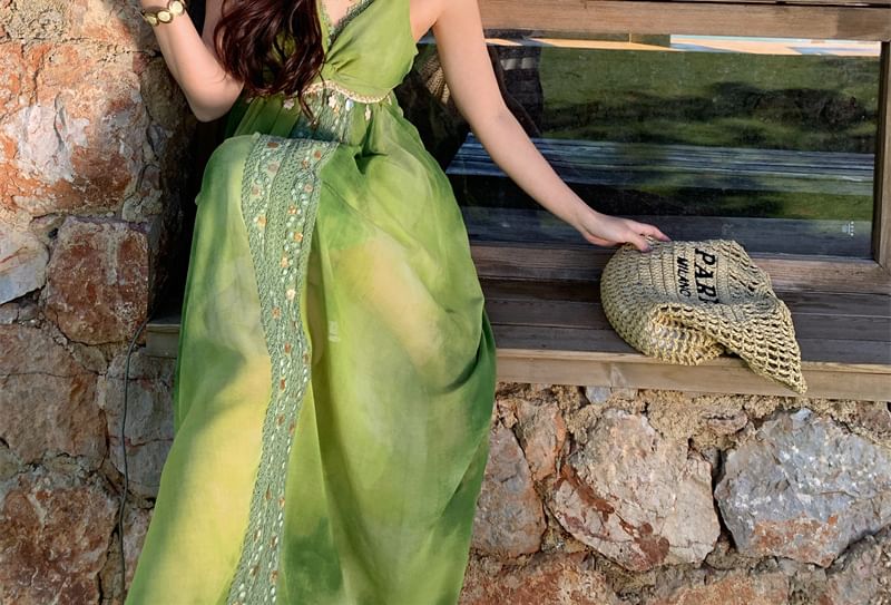Spaghetti Strap V-Neck Tie Dye Lace Panel Beaded Open Back Maxi A-Line Dress