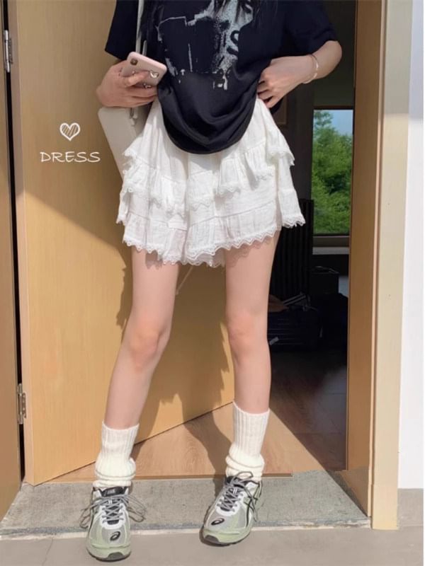 Balletcore Lace Trim Tiered Mini Skort with High Waist
