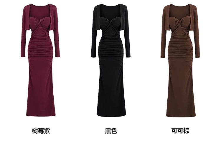 Set: Spaghetti Strap Plain Ruched Padded Maxi Sheath Dress + Open Front Bolero Cardigan