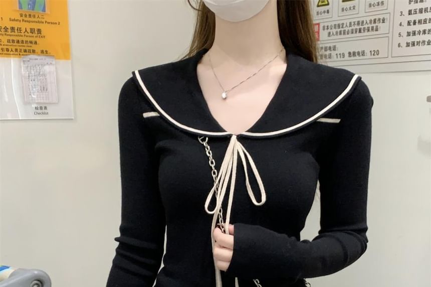 Sailor Collar Knit Top with Tie Front and Long Sleeves