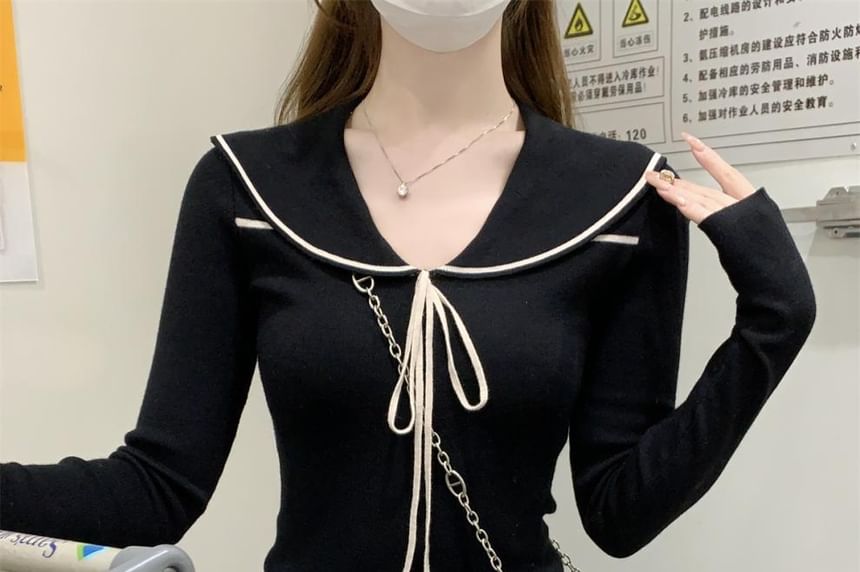 Sailor Collar Knit Top with Tie Front and Long Sleeves