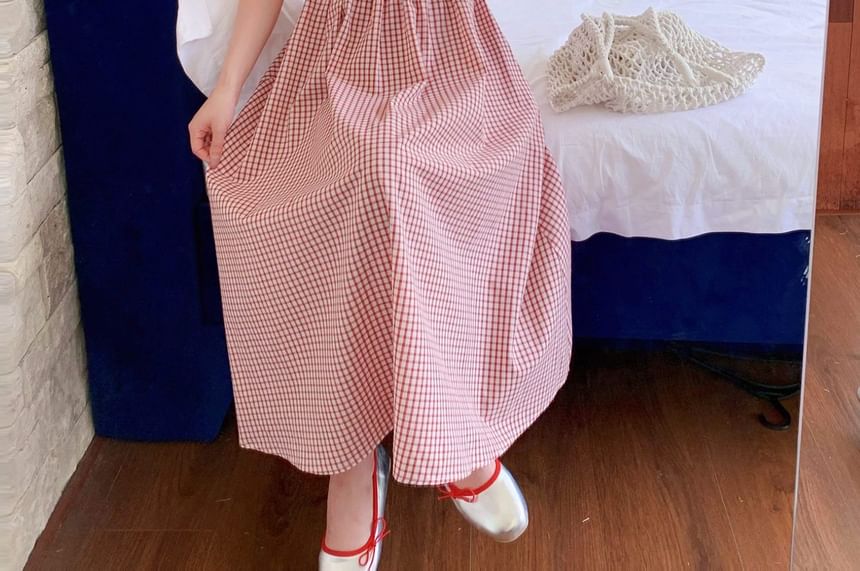 Spaghetti Strap Plaid Lace Trim Midi A-Line Dress