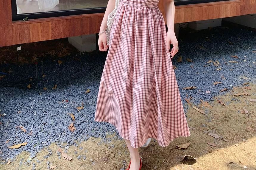Spaghetti Strap Plaid Lace Trim Midi A-Line Dress