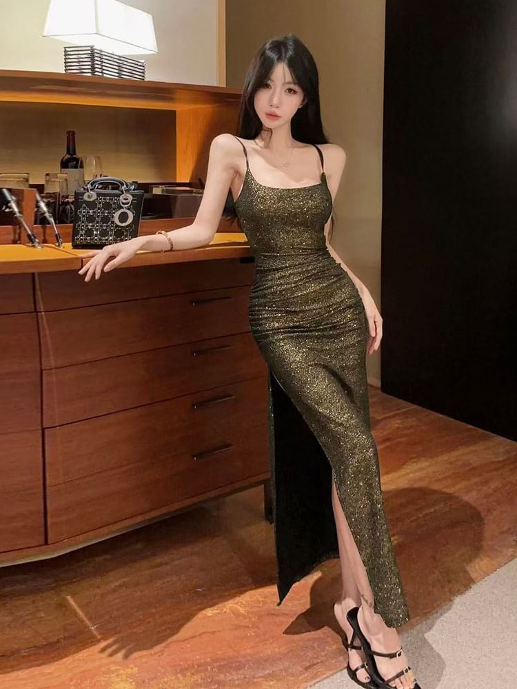 Spaghetti Strap Scoop Neck Glitter Maxi Bodycon Dress