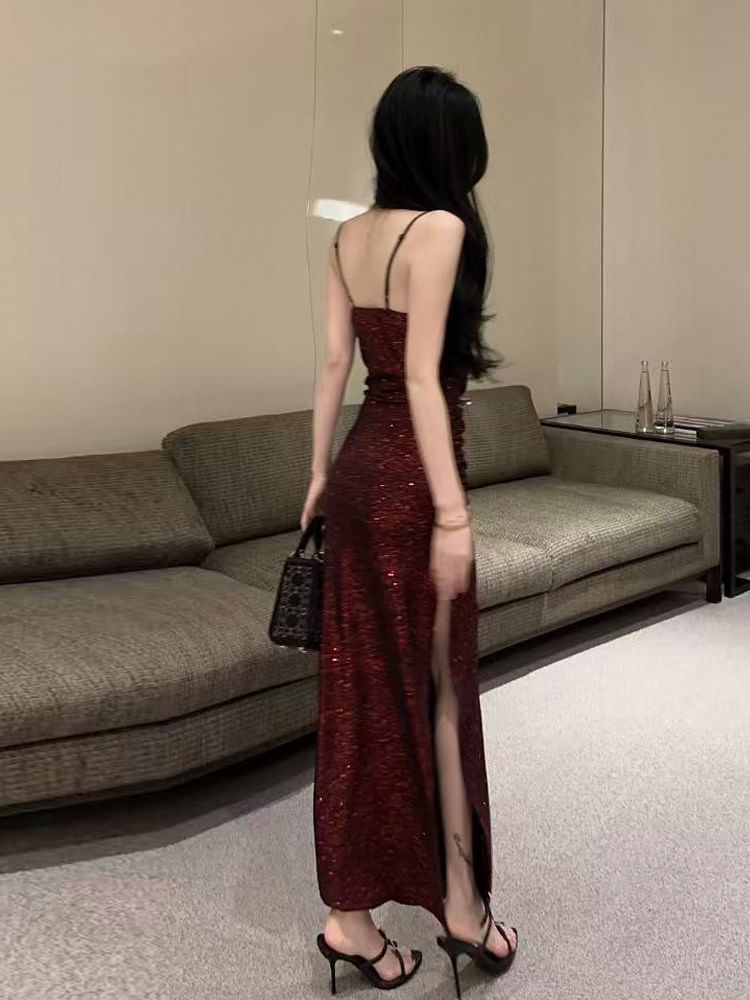 Spaghetti Strap Scoop Neck Glitter Maxi Bodycon Dress
