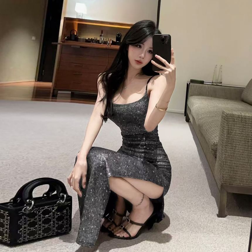Spaghetti Strap Scoop Neck Glitter Maxi Bodycon Dress