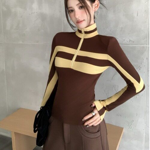 Turtleneck Half-Zip Striped Long Sleeve Fitted Tee