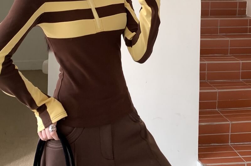 Turtleneck Half-Zip Striped Long Sleeve Fitted Tee