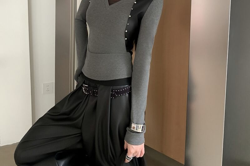 Mock Neck Mesh Panel Studded Slim Tee