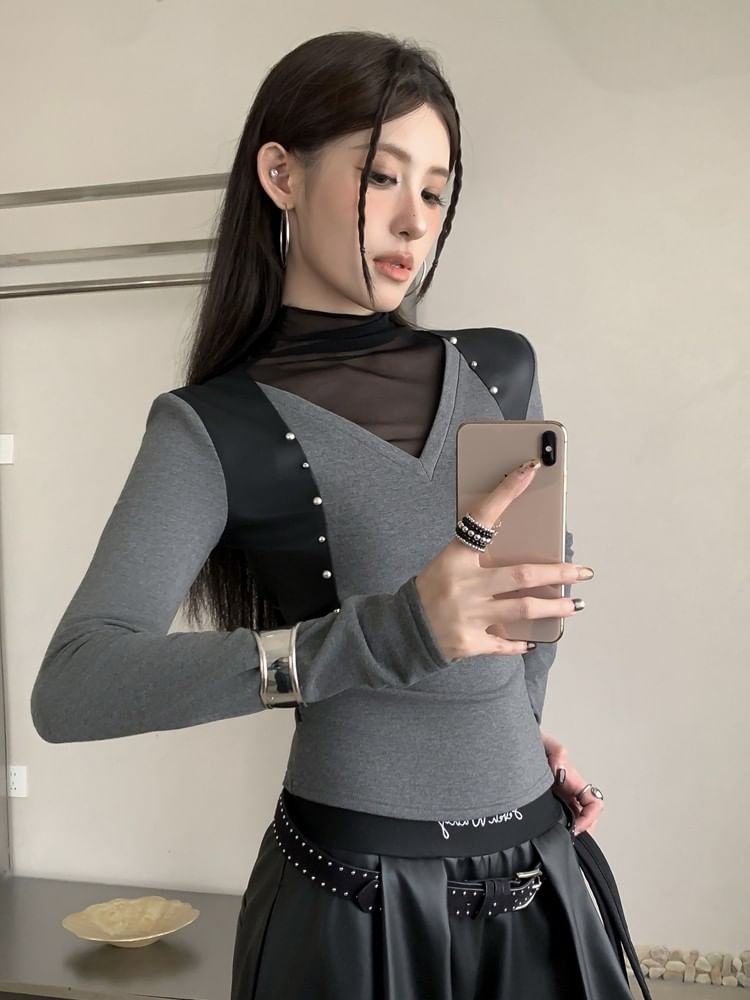Mock Neck Mesh Panel Studded Slim Tee