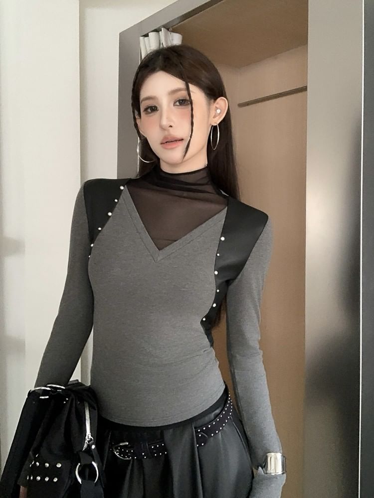 Mock Neck Mesh Panel Studded Slim Tee