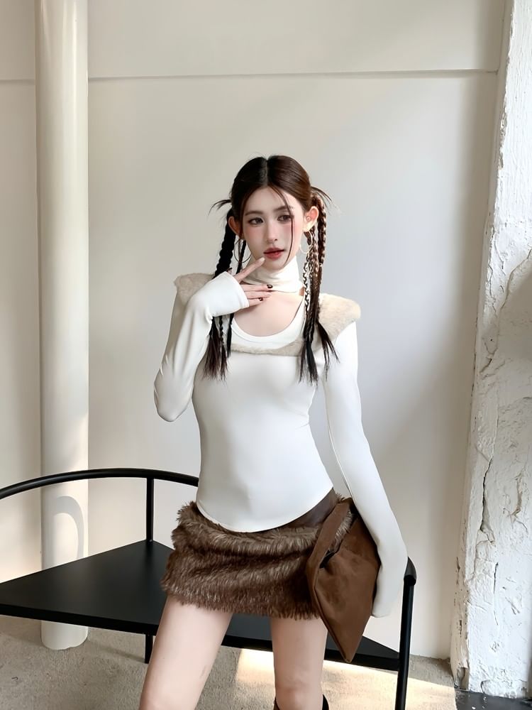 Halter Turtleneck Fluffy Panel Long Sleeve Slim Tee