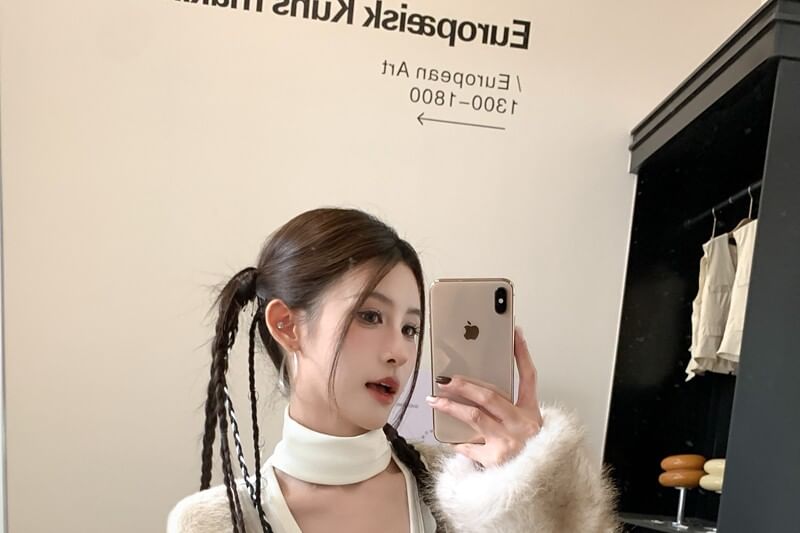 Halter Turtleneck Fluffy Panel Long Sleeve Slim Tee
